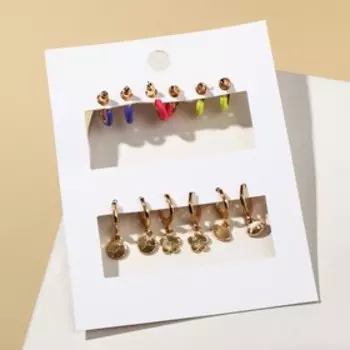 Набор серьги 6 пар "Цацки" кольца, цветочки, цветные в золоте