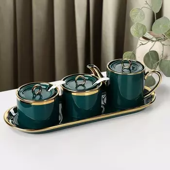 Набор сервировочный «Акварель», 3 предмета, чайник, 2 сахарницы с ложкой, цвет изумруд