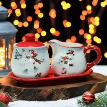 Набор сервировочный Доляна «Снеговик со зверятами», 2 шт, молочник 270 мл, сахарница 310 мл, 9,4×10,6 см