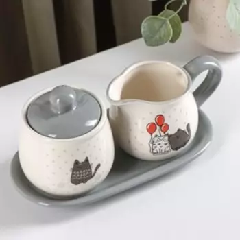 Набор сервировочный Доляна «Уютные коты», 2 предмета: молочник 270 мл, сахарница 310 мл