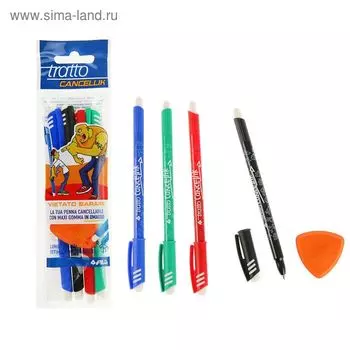 Набор шариковых ручек со стираемыми чернилами Tratto Ftratto Cancellik + ластик, МИКС, 4 штуки
