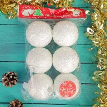 Ёлочные игрушки «Пушинка - бисер», шары новогодние, d=6.5 см, набор 6 шт., белый