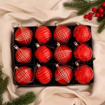 Набор шаров пластик d-6 см, 12 шт "Галактика" красный