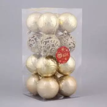 Набор шаров пластик d-6 см, 16 шт "Блеск ажура" золото