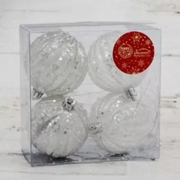 Набор шаров пластик d-6 см, 4 шт "Морозец полоски" серебро