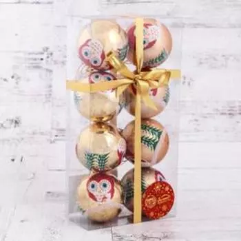 Набор шаров пластик d-6 см, 8 шт "Сова в лесу" золотой