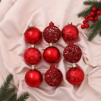 Ёлочные игрушки «Николь узоры», шары новогодние, d=6 см, набор 9 шт., красный