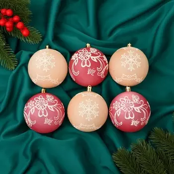 Ёлочные игрушки «Ажур», шары новогодние, d=7.5 см, набор 6 шт., красный/бежевый