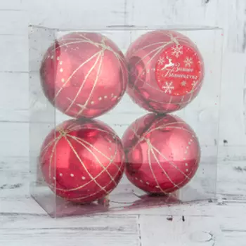 Набор шаров пластик d-7,5 см, 4 шт "Золотая сеточка" красно-золотой