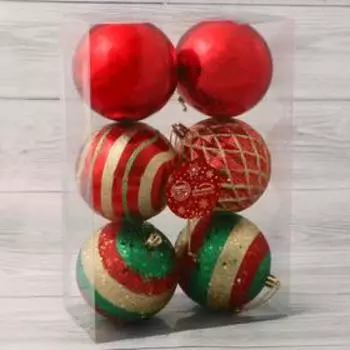 Ёлочные игрушки, шары новогодние , пластик, набор d-8 см, 6 шт "Беата сеточка ассорти" МИКС
