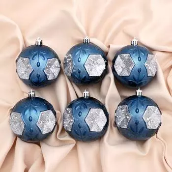 Набор шаров пластик d-8 см, 6 шт "Морозец узоры" серебристо-синий