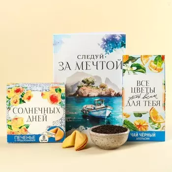 Подарочный набор «Следуй за мечтой»: чай чёрный с апельсином 50 г., печенье с предсказаниями 48 г (8 шт. х 6 г)., ежедневник 80 листов