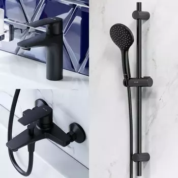 Набор смесителей AM.PM Gem F42990A00 "3 в 1", для раковины, для ванны, душ. стойка, черный