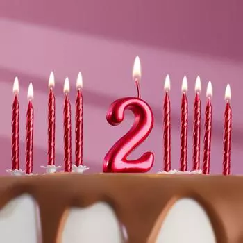 Набор свечей для торта (2 в 1) рубиновая Цифра "2" + Свечи "С Днём Рождения" рубин 10 шт