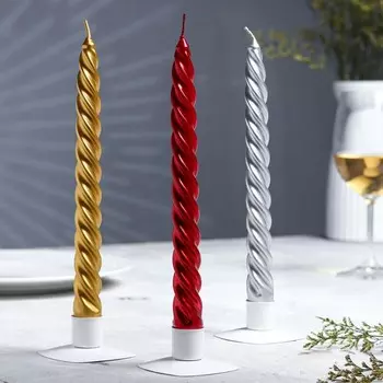 Набор свечей витых , разноцветный металлик, 3 штуки