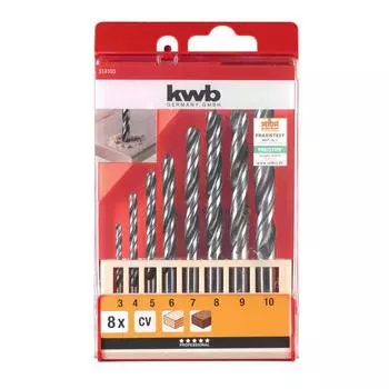 Набор сверл по дереву KWB, 3-10 мм, хром-ванадиевая сталь CV, 8 шт, пластиковый футляр