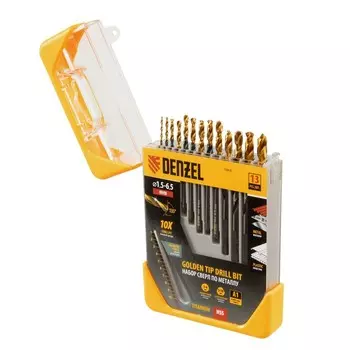 Набор сверл по металлу DENZEL 72318, HSS-Tin, Golden Tip, 13 шт, 1.5-6.5 мм