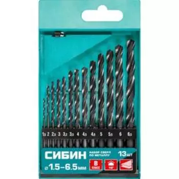 Набор сверл по металлу "СИБИН" 29610-H13, класс В, 13 шт, d=1.5-6.5 мм, быстрорежущая сталь 542755