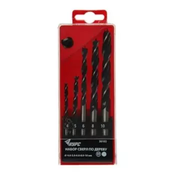 Набор свёрл по дереву "КУРС", 4-5-6-8-10 мм, пластиковый бокс, 5 штук