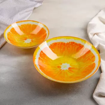 Набор тарелок стеклянных Доляна «Сочный апельсин», 19 предметов: 6 десертных тарелок, 6 обеденных тарелок, 6 мисок, салатник