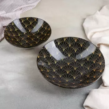 Тарелки Доляна «Золотое перо», 19 предметов: 6 десертных тарелок, 6 обеденных тарелок, 6 мисок, салатник, стекло, чёрные