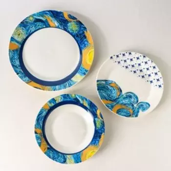 Тарелки Доляна «Звёздная ночь», 18 предметов: 6 тарелок d=20 см, 6 тарелок d=25 см, 6 тарелок глубоких 340 мл, фарфор, белые, голубые