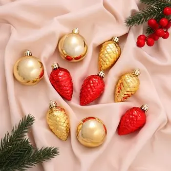 Ёлочные игрушки «Джоан», новогодние, набор 9 шт., красно-золотой