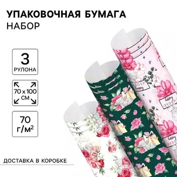 Упаковочная бумага, набор 3 листа, «Цветы», 70100 см