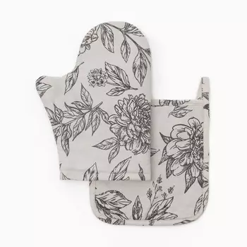 Набор кухонный «Этель» Black flowers: варежка-прихватка, прихватка, 100% хлопок, саржа 190 г/м