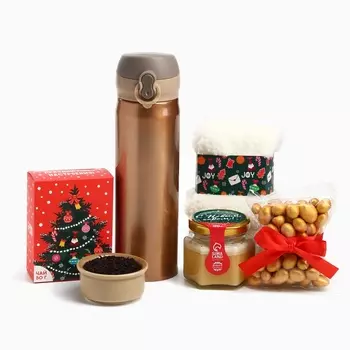 Набор «Веселья в новом году»: чай со вкусом лесных ягод 50 г., крем-мед хлопковый 120 г., арахис в шоколадной глазури, 100 г., носки р-р: 36–39, термос 500 мл.