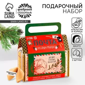 Подарочный набор в коробке домике «Почта», чай 50 г печенье 3 шт. конфеты 100 г