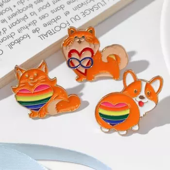 Набор значков (3шт) "Мультики" коты и корги с радугой, цветной в золоте