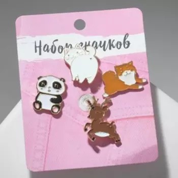 Набор значков (4 шт.) «Зверинец», форма МИКС, цветные в золоте