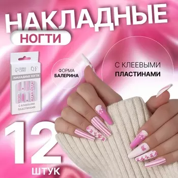 Накладные ногти «Бантики», 12 шт., с клеевыми пластинами, форма балерина, белые, розовые
