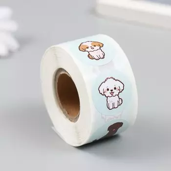Наклейка бумага "Щенки" d=2,5 см 500 шт в рулоне 3х6,5х6,5 см