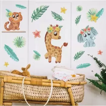 Наклейка интерьерная цветная «Зверята и экзотические цветы», 5070 см