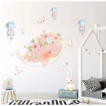 Наклейка пластик интерьерная цветная "Китёнок с цветами и медузы" 40х60 см