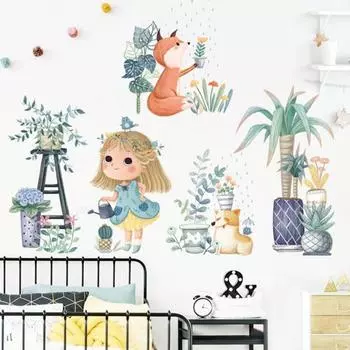Наклейка пластик интерьерная цветная "Малышка поливает растения" 30х90 см набор 2 листа