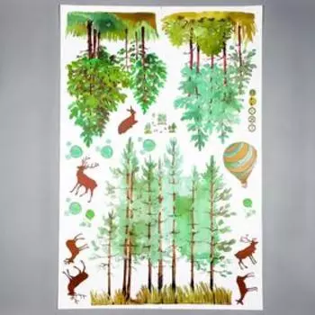 Наклейка пластик интерьерная цветная "Олени в сосновом лесу" 60х90 см