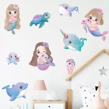 Наклейка пластик интерьерная цветная "Русалки и подводный мир" набор 2 листа 30х90 см