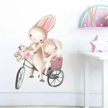Наклейка пластик интерьерная цветная "Зайчики на велосипеде" 30х60 см