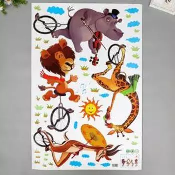 Наклейка пластик интерьерная цветная "Звери музыканты на моноцикле" 60х90 см