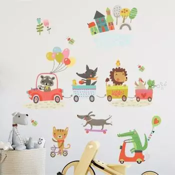 Наклейка пластик интерьерная цветная "Зверята и транспорт" 25х35 см набор 4 листа