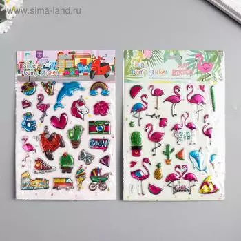 Наклейка пластик объёмные "Фламинго/Кактусы" МИКС 24,5х16,5 см