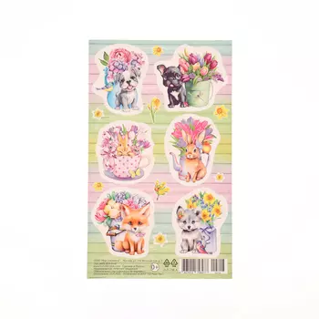 Наклейки «Зверята с цветами» зелёно-розовый фон, 1016 см