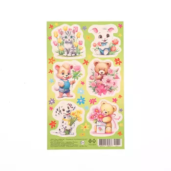 Наклейки «Зверята с цветами», зелёный фон, 1016 см