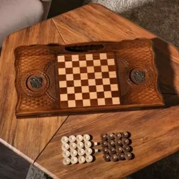 Нарды ручной работы "Герб", глубокая резка, с ручкой, 60х30 см, с шахматным полем, Армения