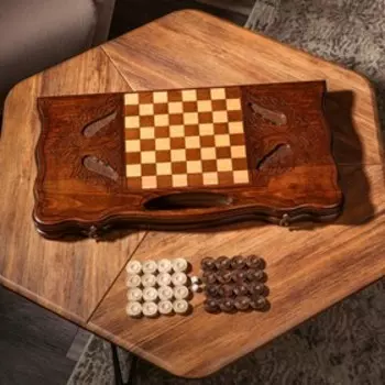 Нарды ручной работы "Лев победитель" с ручкой, 60х30 см, с шахматным полем, массив ореха, Армения