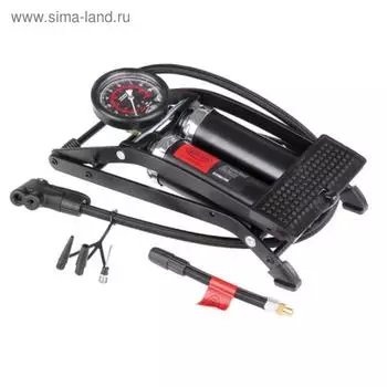 Насос ножной с манометром двухцилиндровый BLACK EDITION 10 бар, 3 адаптера, сумка, HEYNER