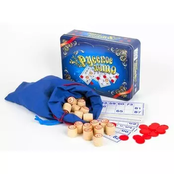 Настольная игра русское лото в жестяной коробке «Синий ларец» с деревянными бочонками